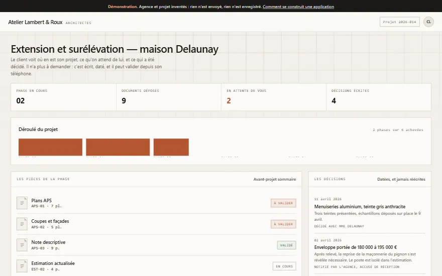 Écran de l'application de démonstration : Le projet que le client suit
