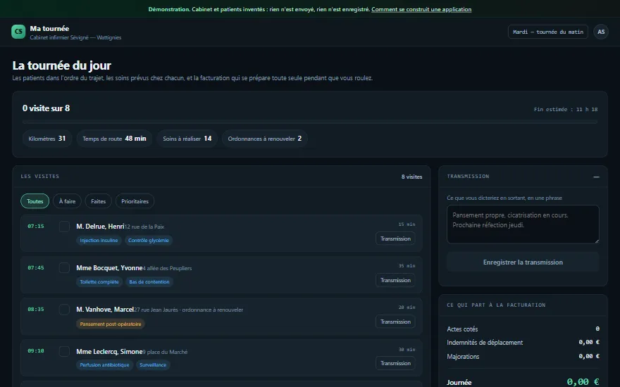 Écran de l'application de démonstration : La tournée du jour