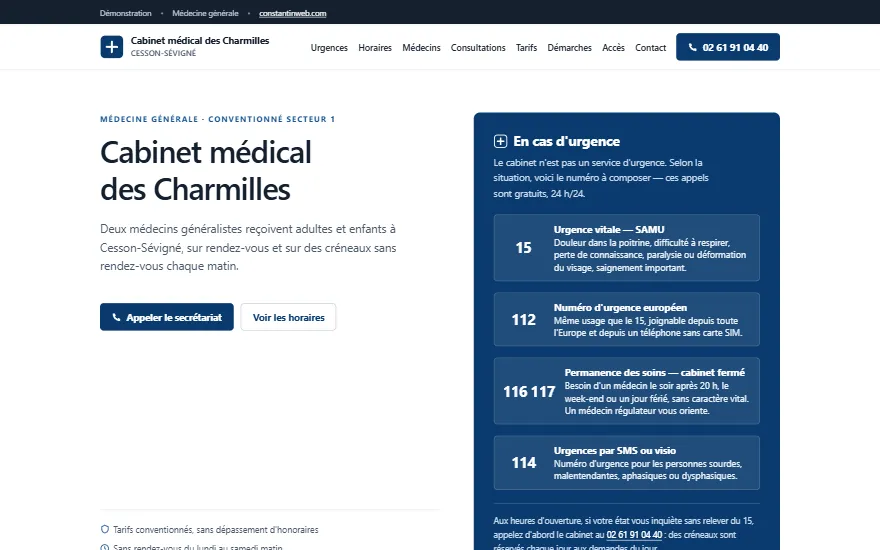 Page d'accueil du site de démonstration : Cabinet de deux médecins