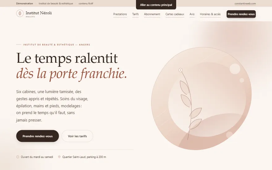 Page d'accueil du site de démonstration : Institut d'esthétique
