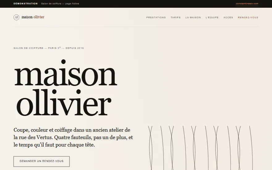 Page d'accueil du site de démonstration : Salon de coiffure